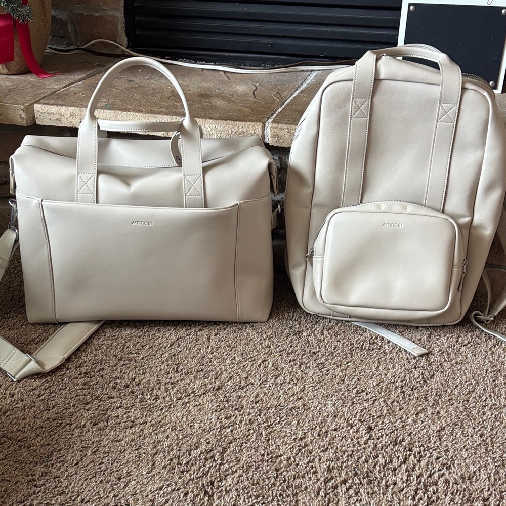 Monos Metro travel backpack and duffel vegan Leather convertible Bag Set ivory